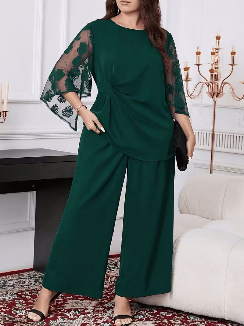 طقم نسائي أخضر أنيق بليمونش دانتيل وسروال واسع